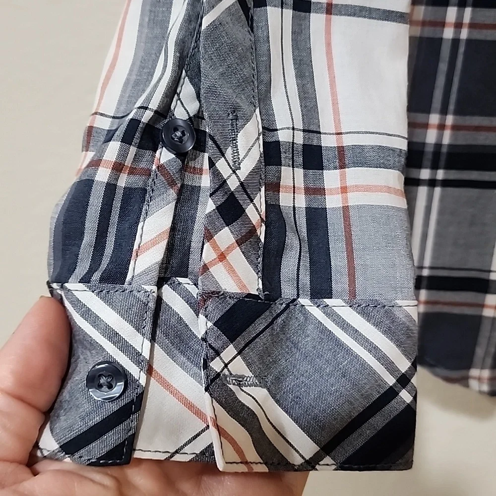Kuhl Women’s Plaid Lexi Long Sleeve Shirt in Gray/White/Orange Tencel Size Med